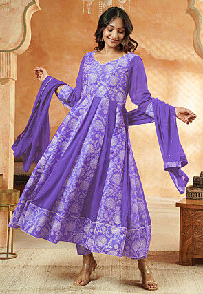 Block Printed Georgette Anarkali Suit in Light Purple