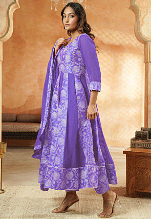 Block Printed Georgette Anarkali Suit in Light Purple
