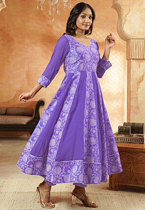 Block Printed Georgette Anarkali Suit in Light Purple