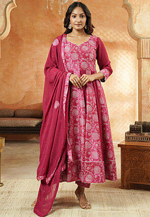 Block Printed Georgette and Art Silk Anarkali Suit in Dark Fuchsia