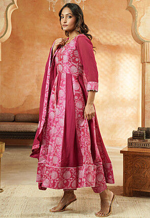 Block Printed Georgette and Art Silk Anarkali Suit in Dark Fuchsia