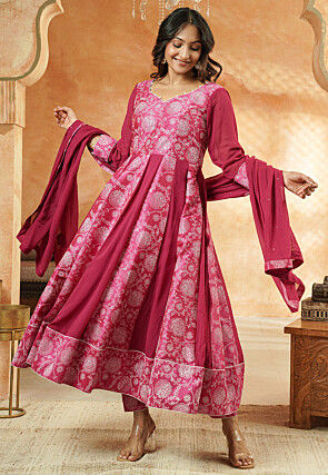 Block Printed Georgette and Art Silk Anarkali Suit in Dark Fuchsia