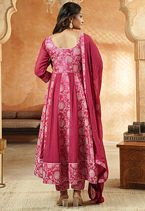 Block Printed Georgette and Art Silk Anarkali Suit in Dark Fuchsia