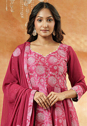 Block Printed Georgette and Art Silk Anarkali Suit in Dark Fuchsia