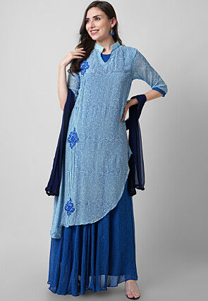 Block Printed Georgette Layered Abaya Style Suit in Blue