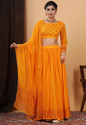 Block Printed Georgette Lehenga in Orange
