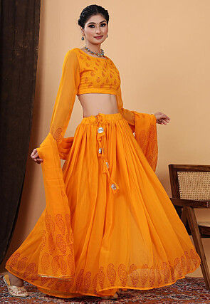 Block Printed Georgette Lehenga in Orange