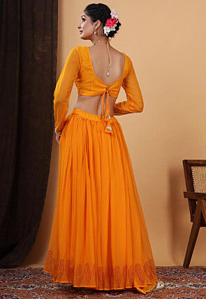 Block Printed Georgette Lehenga in Orange