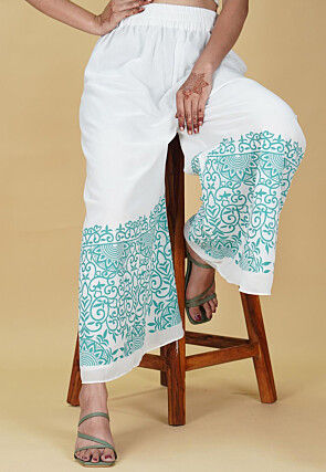 Block Printed Georgette Palazzo in Off White