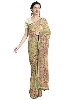 Block Printed Georgette Saree in Beige