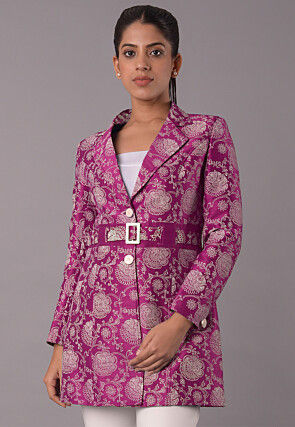 Block Printed Art Silk Jacket in Magenta