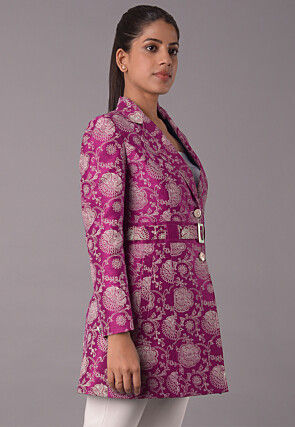 Block Printed Art Silk Jacket in Magenta