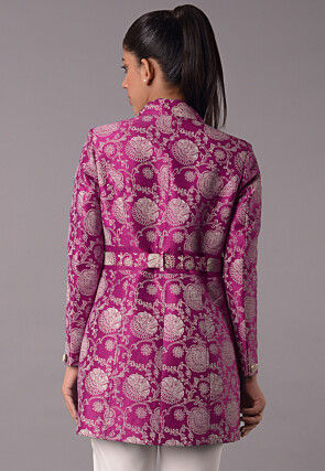 Block Printed Art Silk Jacket in Magenta