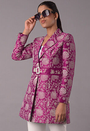 Block Printed Art Silk Jacket in Magenta