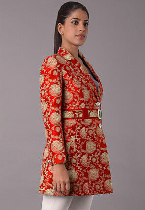 Block Printed Art Silk Jacket in Red