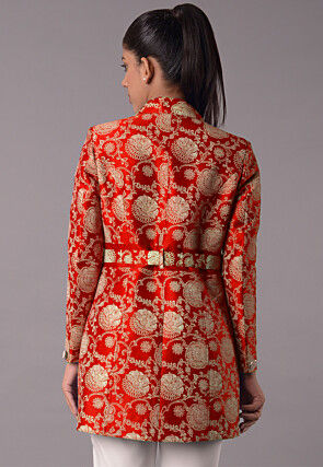 Block Printed Art Silk Jacket in Red