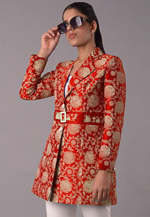 Block Printed Art Silk Jacket in Red