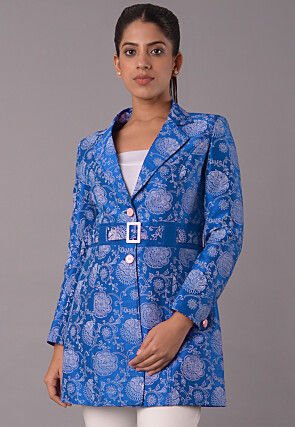 Block Printed Art Silk Jacket in Teal Blue