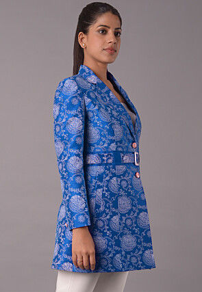 Block Printed Art Silk Jacket in Teal Blue