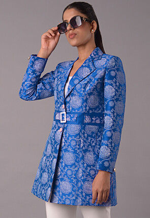 Block Printed Art Silk Jacket in Teal Blue