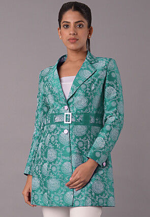 Block Printed Art Silk Jacket in Teal Green