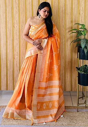 Block Printed Linen Cotton Saree in Orange