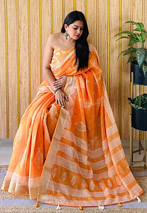Block Printed Linen Cotton Saree in Orange