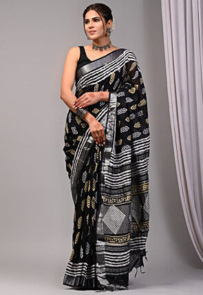 Block Printed Linen Silk Saree in Black