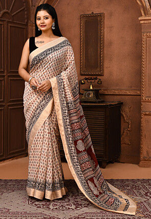Block Printed Maheshwari Cotton Silk Saree in Beige