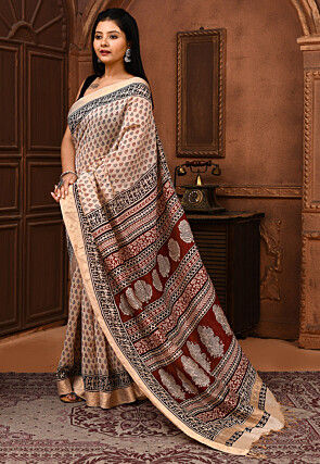 Block Printed Maheshwari Cotton Silk Saree in Beige