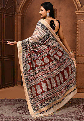 Block Printed Maheshwari Cotton Silk Saree in Beige
