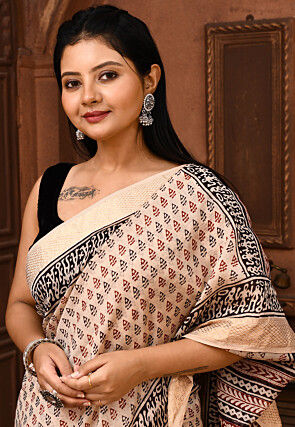 Block Printed Maheshwari Cotton Silk Saree in Beige