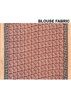 Block Printed Maheshwari Cotton Silk Saree in Beige