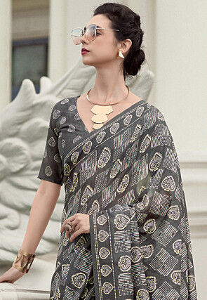 Block Printed Mal Mal Cotton Saree in Grey