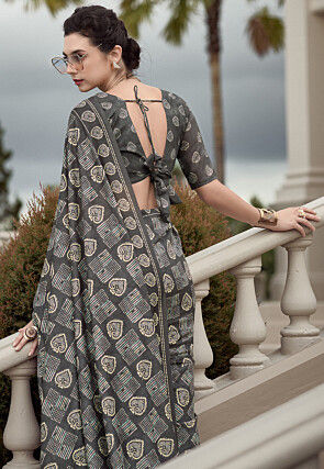Block Printed Mal Mal Cotton Saree in Grey