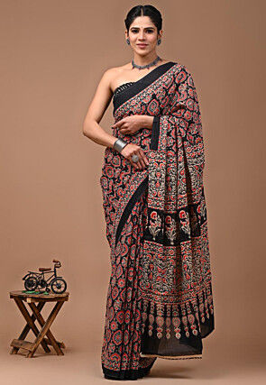 Digital Printed Mulmul Cotton Saree in Black