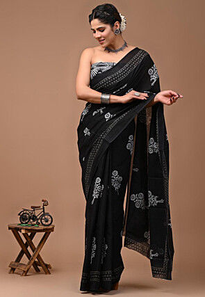 Block Printed Mulmul Cotton Saree in Black
