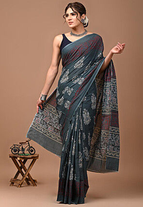 Block Printed Mulmul Cotton Saree in Dark Grey