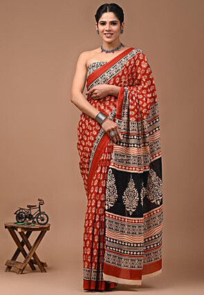 Block Printed Mulmul Cotton Saree in Dark Orange