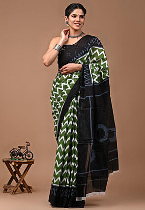 Digital Printed Mulmul Cotton Saree in Green