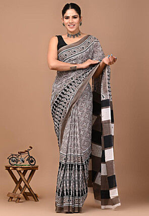 Block Printed Mulmul Cotton Saree in Grey