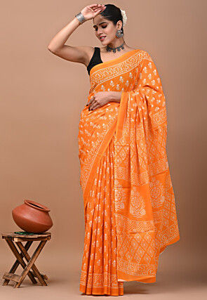 Block Printed Mulmul Cotton Saree in Light Orange
