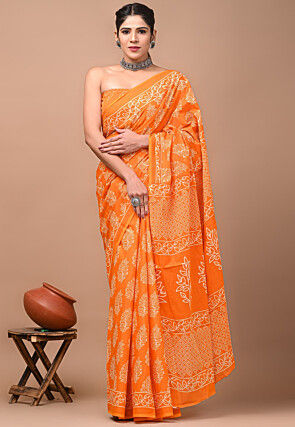 Block Printed Mulmul Cotton Saree in Light Orange