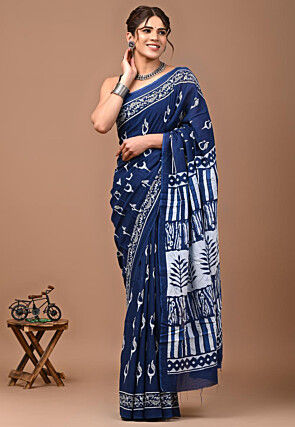 Block Printed Mulmul Cotton Saree in Navy Blue