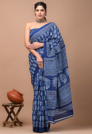 Block Printed Mulmul Cotton Saree in Navy Blue