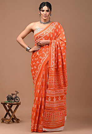Block Printed Mulmul Cotton Saree in Orange