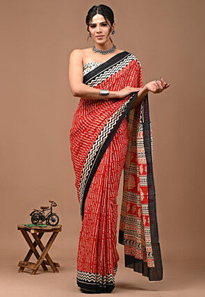 Block Printed Mulmul Cotton Saree in Orange