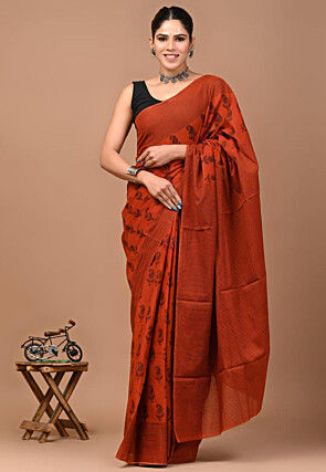 Block Printed Mulmul Cotton Saree in Rust