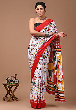 Warli Printed Mulmul Cotton Saree in White