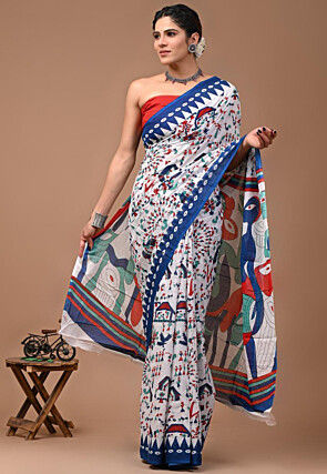 Warli Printed Mulmul Cotton Saree in White